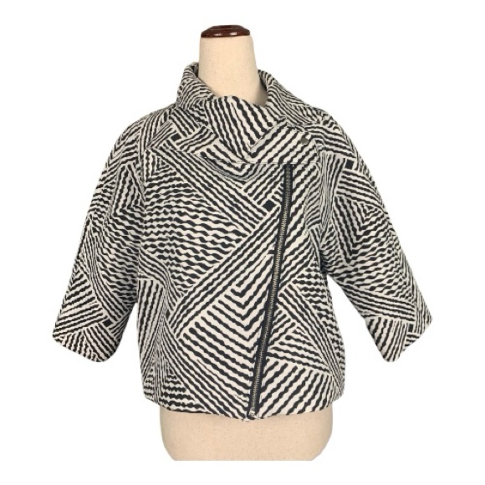 Stylish Black White Bold Abstract Pattern Jacket Blazer Asymmetrical Zipper Sz 8